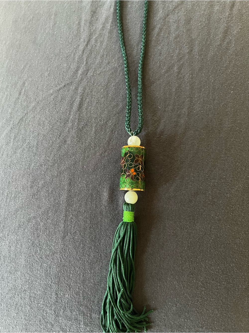 Green Cloisonné Tassel Pendant Necklace with 8mm Jade beads on 26” silk cord